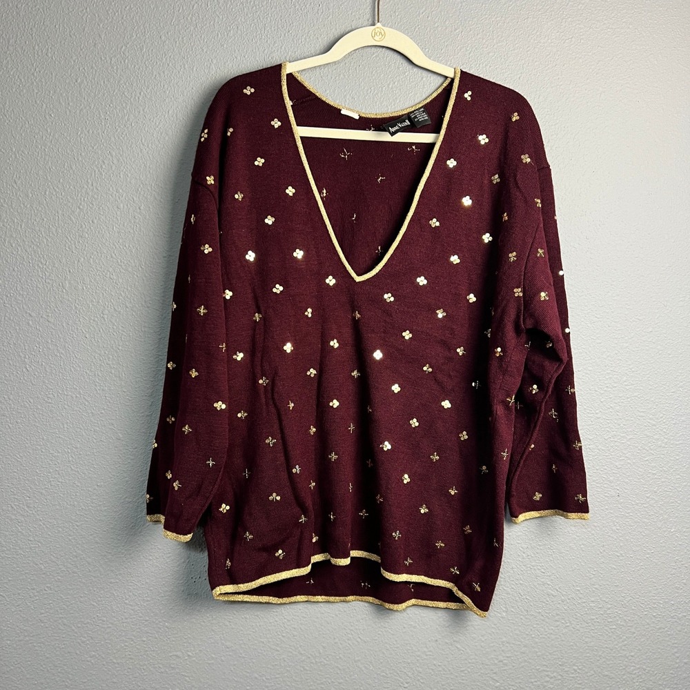 Anne Klein II Wool BL Vtg XL Retro Victorian Burgundy Gold Sparkle VNeck Sweater